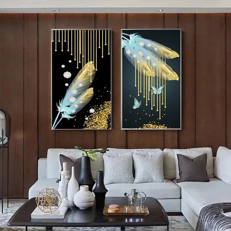 AB złote pióro motyl Flow złoty luksusowy nowoczesne dekoracje do domu diamentowy obraz krzyżykowy zestaw do szycia obraz dla wystrój salonu