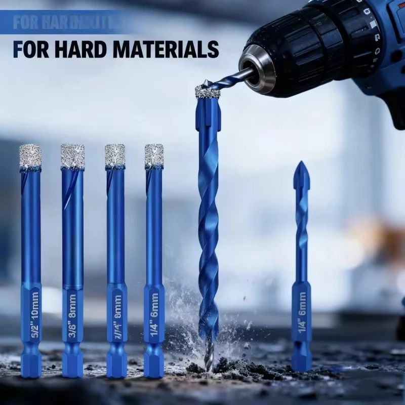 6Pcs Dry Drill Core Bit Set Spiral Groove Brazed Drill Bit Hex Shank Hole Saw for Ceramic Tile Granite Marble