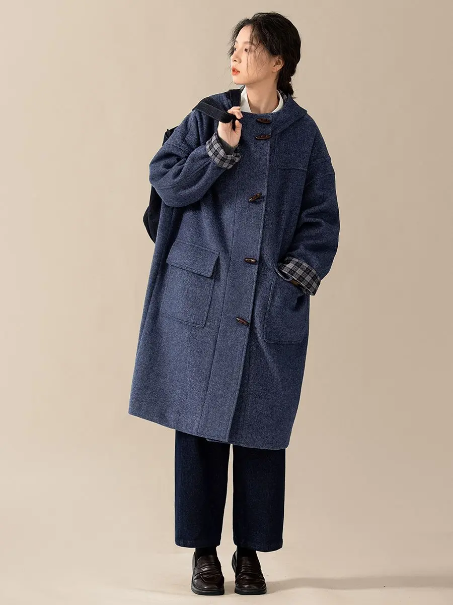 

Japanese Style Hooded Wool Coat Women 2025 Mid-Length Oversized Trench Coat Vintage Horn Button Blazer Blue Fall Winter Jacket