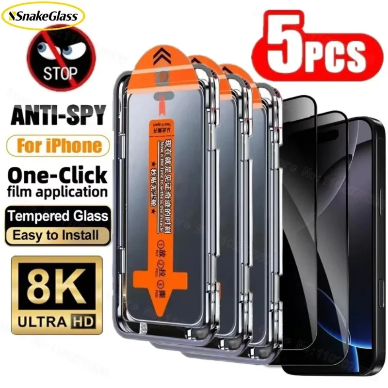 5er-Set 8K Blickschutz Panzerglas Displayschutzfolie für iPhone 17/Air/16 Plus/16/15/14/13/12/11 Pro Max, Anti-Spy Staubfreies Folien-Set