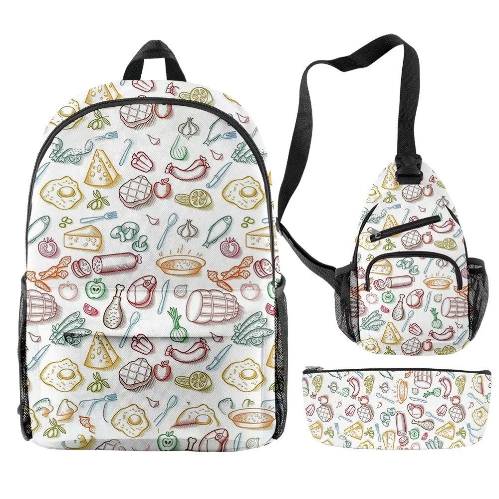 Cartoon Youthful Novelty Funny food 3pcs/Set Backpack 3D Print Bookbag Laptop Daypack Backpacks Chest Bags Pencil Case