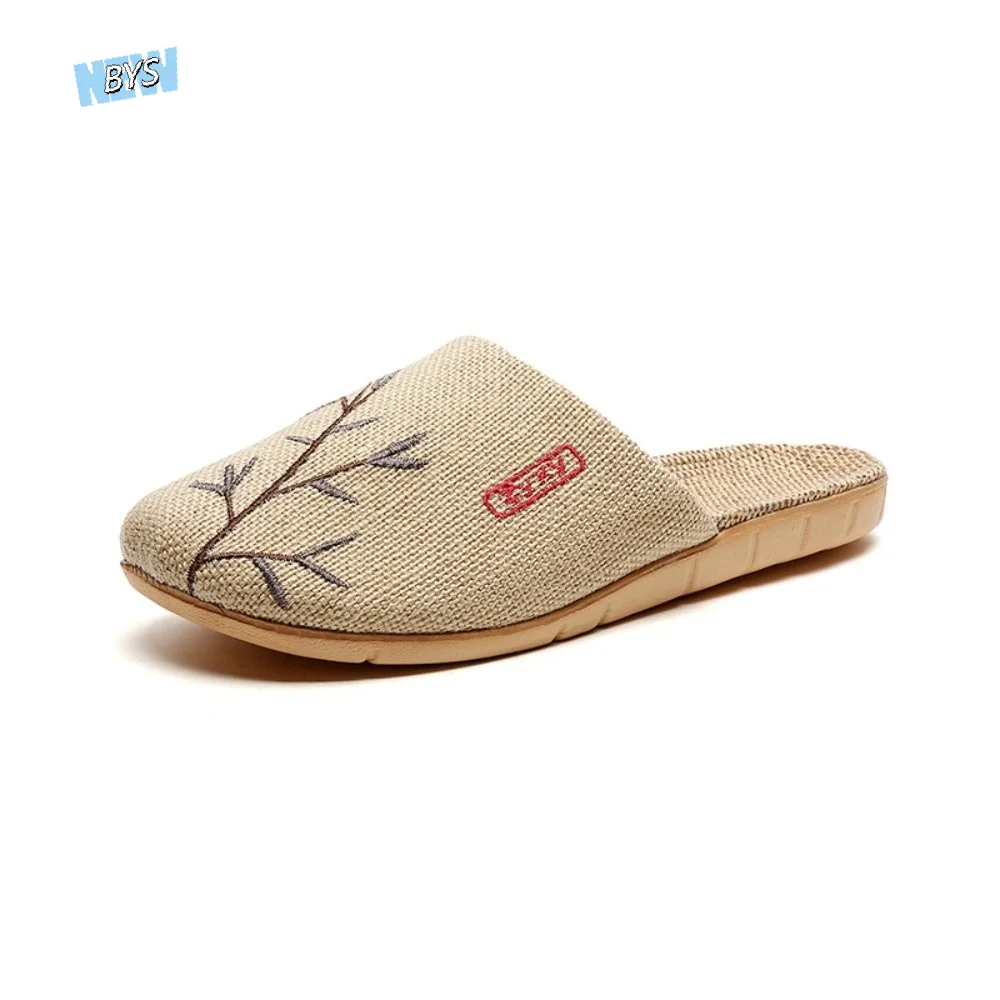 

Cozy Embroidery Flower Bamboo Indoor Slippers Non-Slip Soft Bottom Plum Blossom Slippers Sandals Flax Women Men Slippers Bedroom