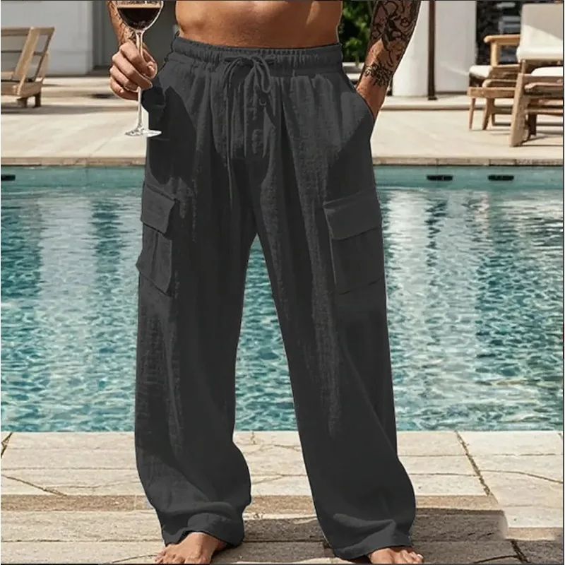 

Men's Cotton and Linen Four-season Thin Breathable Workwear Multi-pocket Loose Casual Trendy Wide-leg Pants