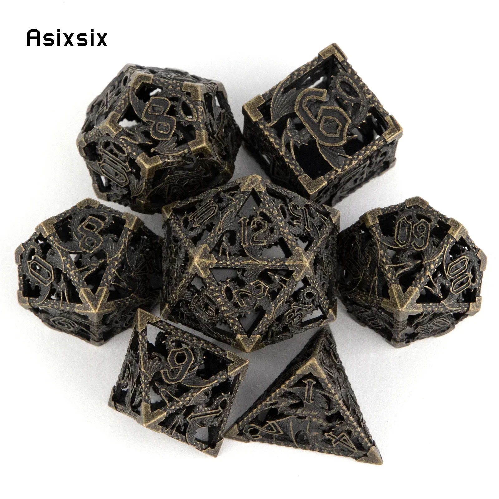 

7 Pcs Black Flying Dragon Metal Dice Hollow Metal Polyhedral Dice Set Suitable For Role-Playing Dice PropBoard Game Gift