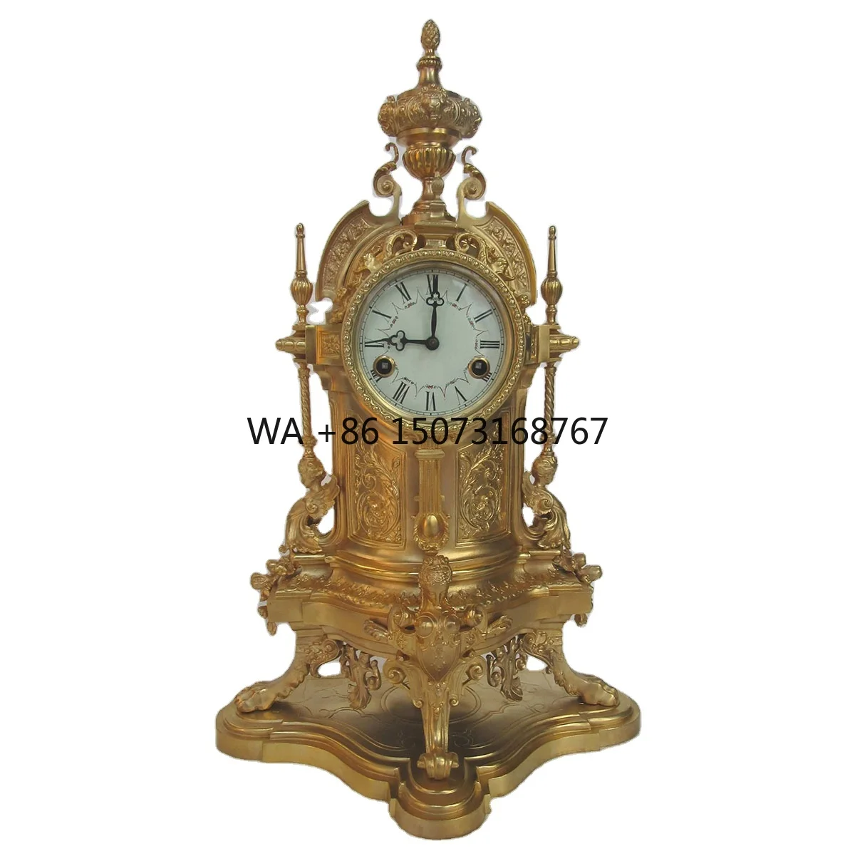 النمط الفرنسي العتيقة مطلية بالذهب مثلث العمارة النحاس 10 أيام آلية رف ضرب الجدول/ساعة أرضية للتجميع