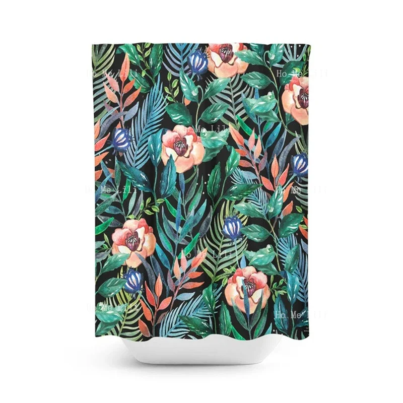 Jungle Tropical Dark Green Leaves And Colorful Flower Botanical Floral Print Chic Cool Boho Shower Curtain Bath Decor