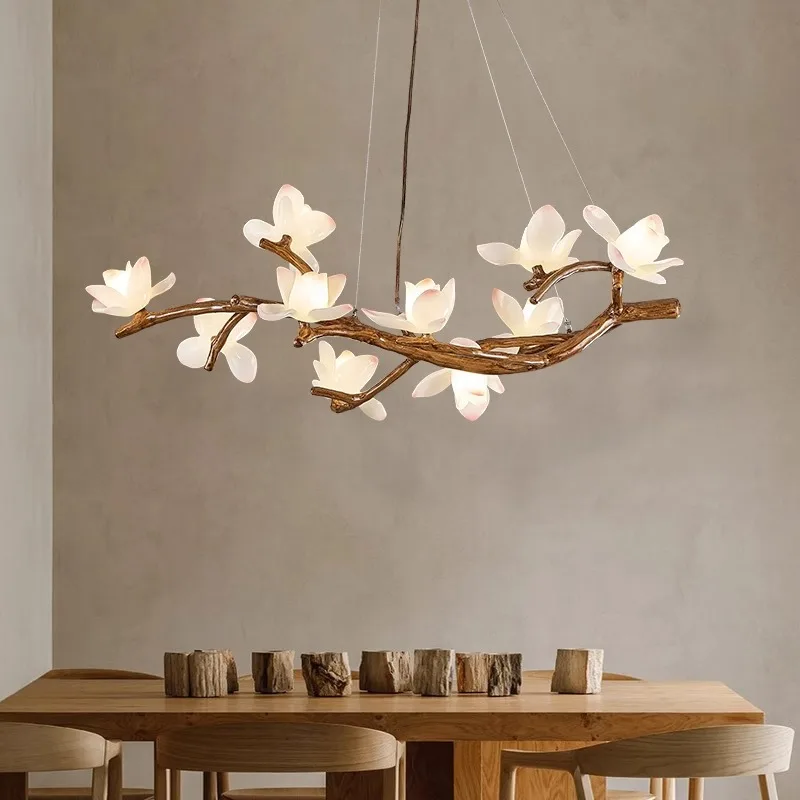Nordic restaurant chandelier villa living room atmosphere Chinese style zen tea room dining room log dining table bar