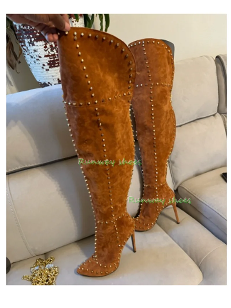Vintage Camel  High Boots For Women Gold Metal Stud Rivet Decor Pointed Toe Stiletto Heel Dinner luxury Over‑the‑Knee Boots 2026