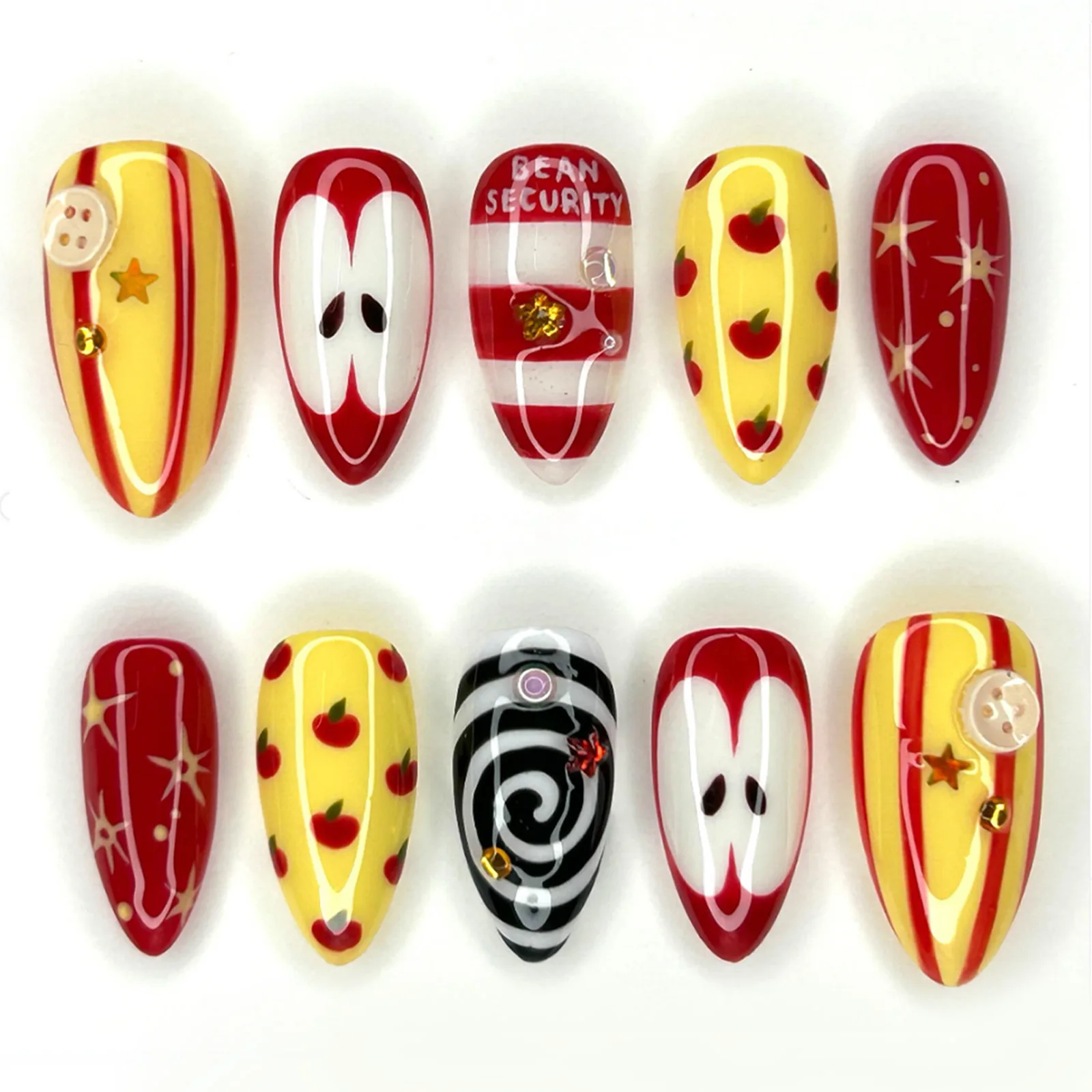 24Pcs Strawberry Apple Style Wearable Press on Nails with 3D Decoration Short Almond False Finger Nails Flower Ins Fake Nail Art