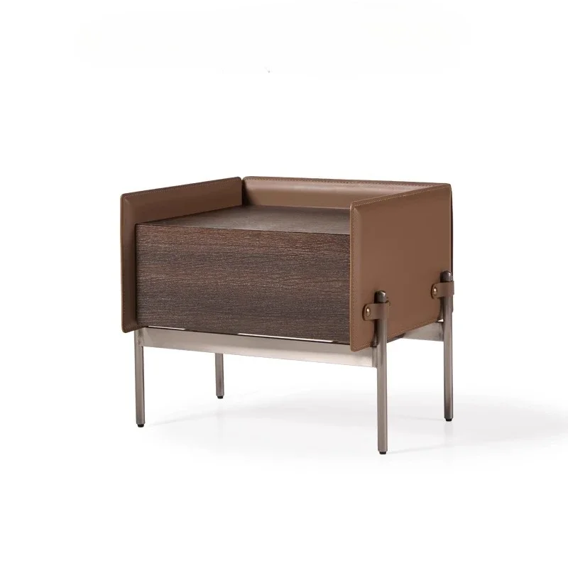 

Italian minimalist solid wood bedside table designer creative high-end saddle leather bedside locker
