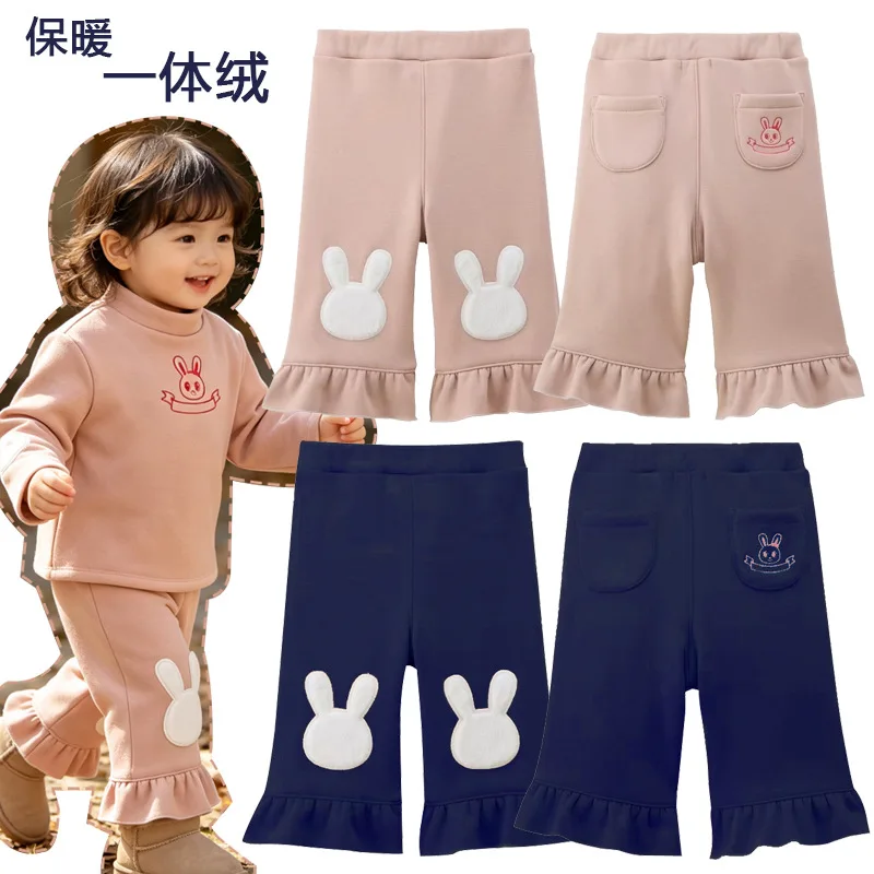 Girls Autumn Winter Fleece Lined Leggings Japanese Cartoon Bunny Apple Embroidery Warm Long Pants Casual Trousers Cozy Fall Kids