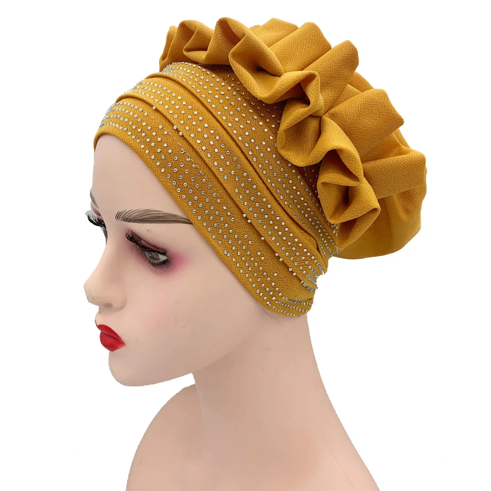 Shining Diamonds Women\'s Turban Cap Ruffle Flower Pleated Head Wraps Muslim Headscarf Bonnet Femme Musulman Turbante Hat