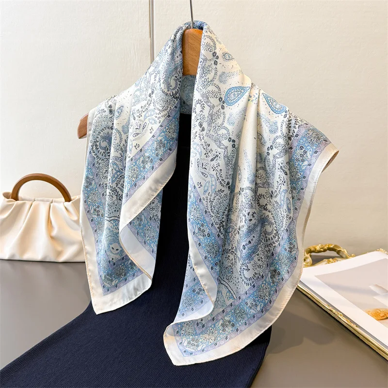 Pañuelo fino de satén vintage para mujer, estampado floral, diadema, pañuelos pequeños cuadrados de primavera, versátil para atar el cabello y la bolsa, chal de 70x70cm