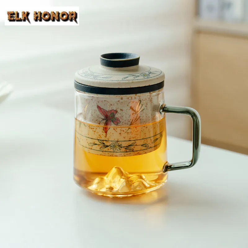 

450ml Hand-painted Butterfly Orchid Glass Filter Tea Separator Cup Handmade Tea Mug With Infuser Tea Making Office Water Cup