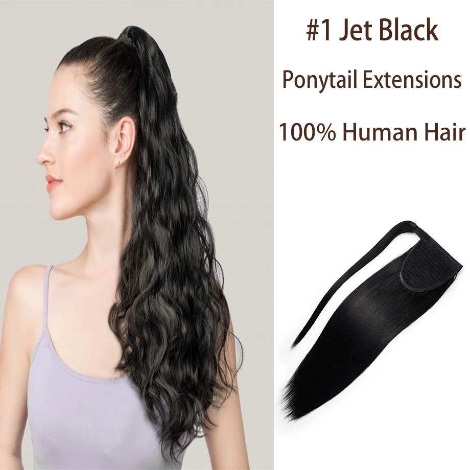 Ponytails Human Hair Wrap Around Natural Straight Ponytail Human Hair Extension #1 Jet Black Human Hair Ponytail Extensions