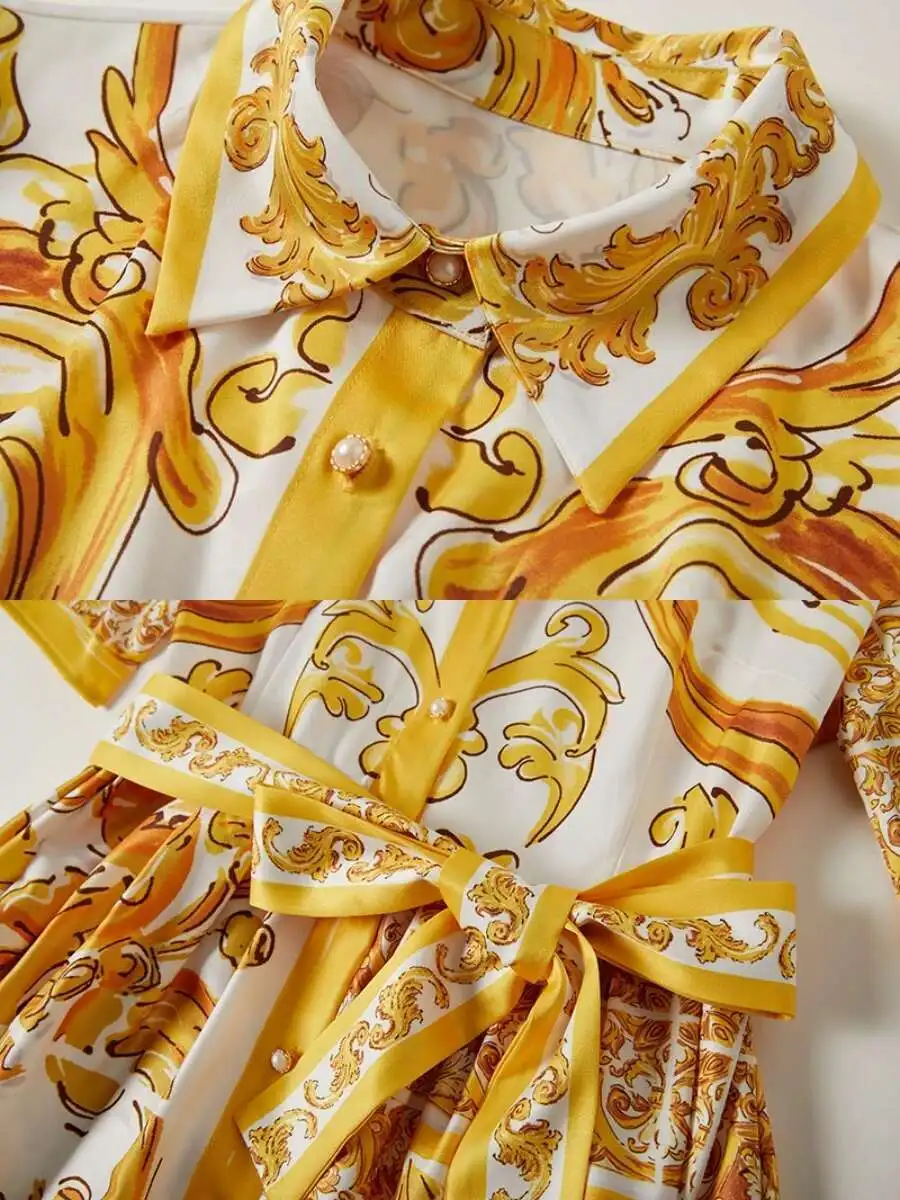 Summer Holiday giallo bianco porcellana stampa camicia dorata abito donna manica corta perle bottoni cintura stringata Midi Party Robe