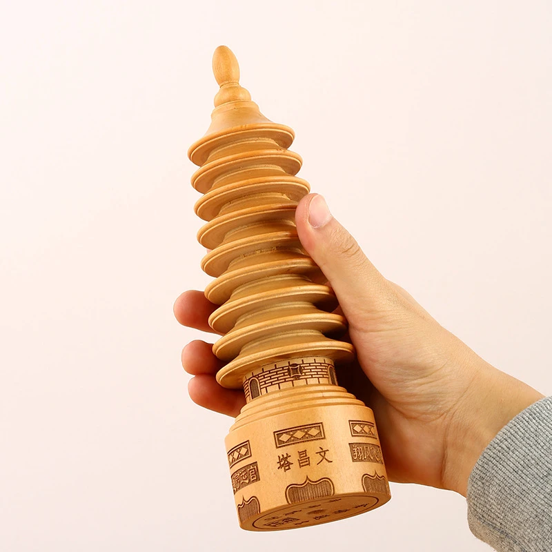 Round , carved peachwood nine-story Wenchang Pagoda craft, large quantity of desk and office decoration