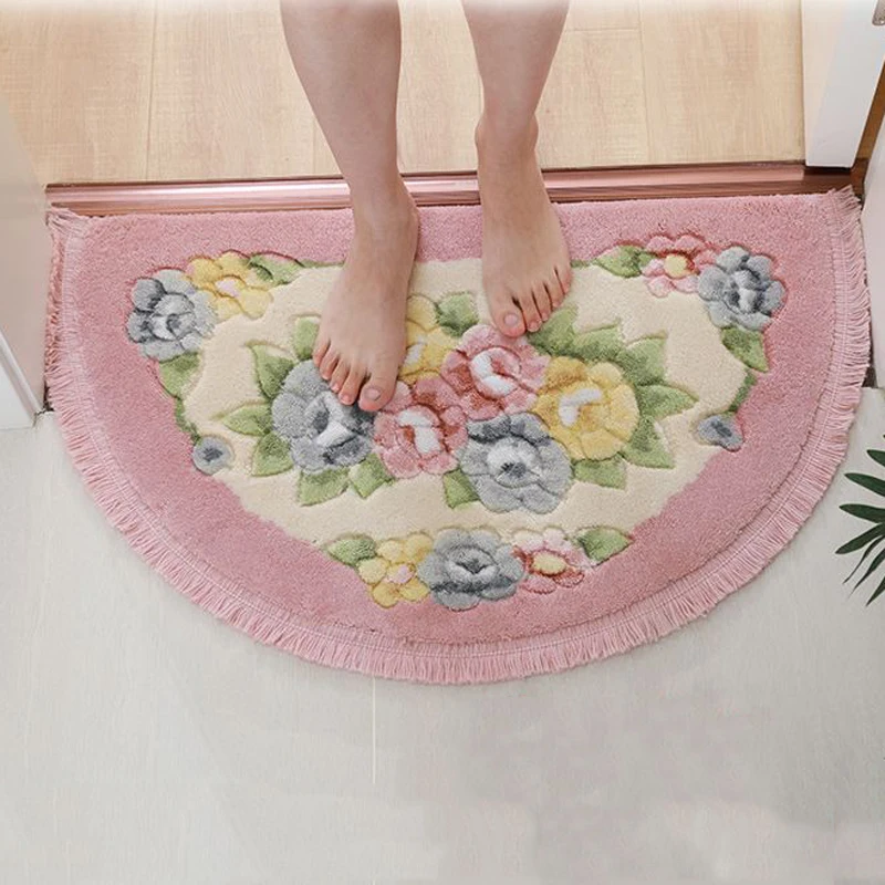 Flower Pattern Semicircular Floor Mat Dining Room Living Room Decorative Carpet Toilet Non-slip Mat Kitchen Absorbent Pad