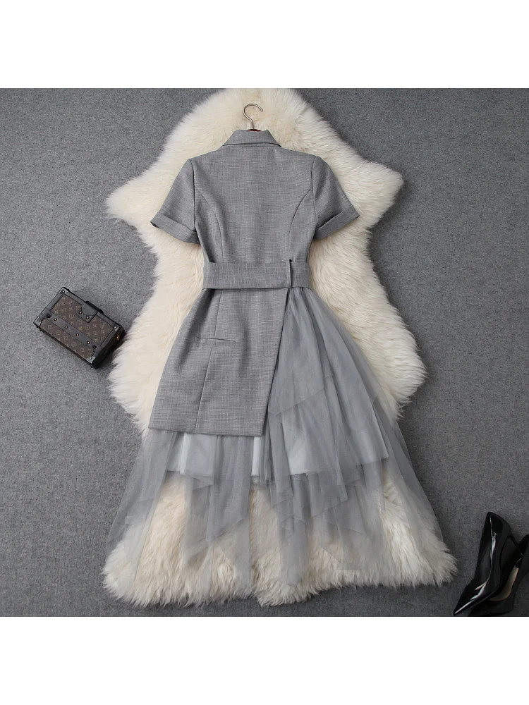 Midi Dress Female 2023 New Notched Collar Mesh Stitching Long Dresses Korean Fashion Office Lady Temperament Evening Party Dress