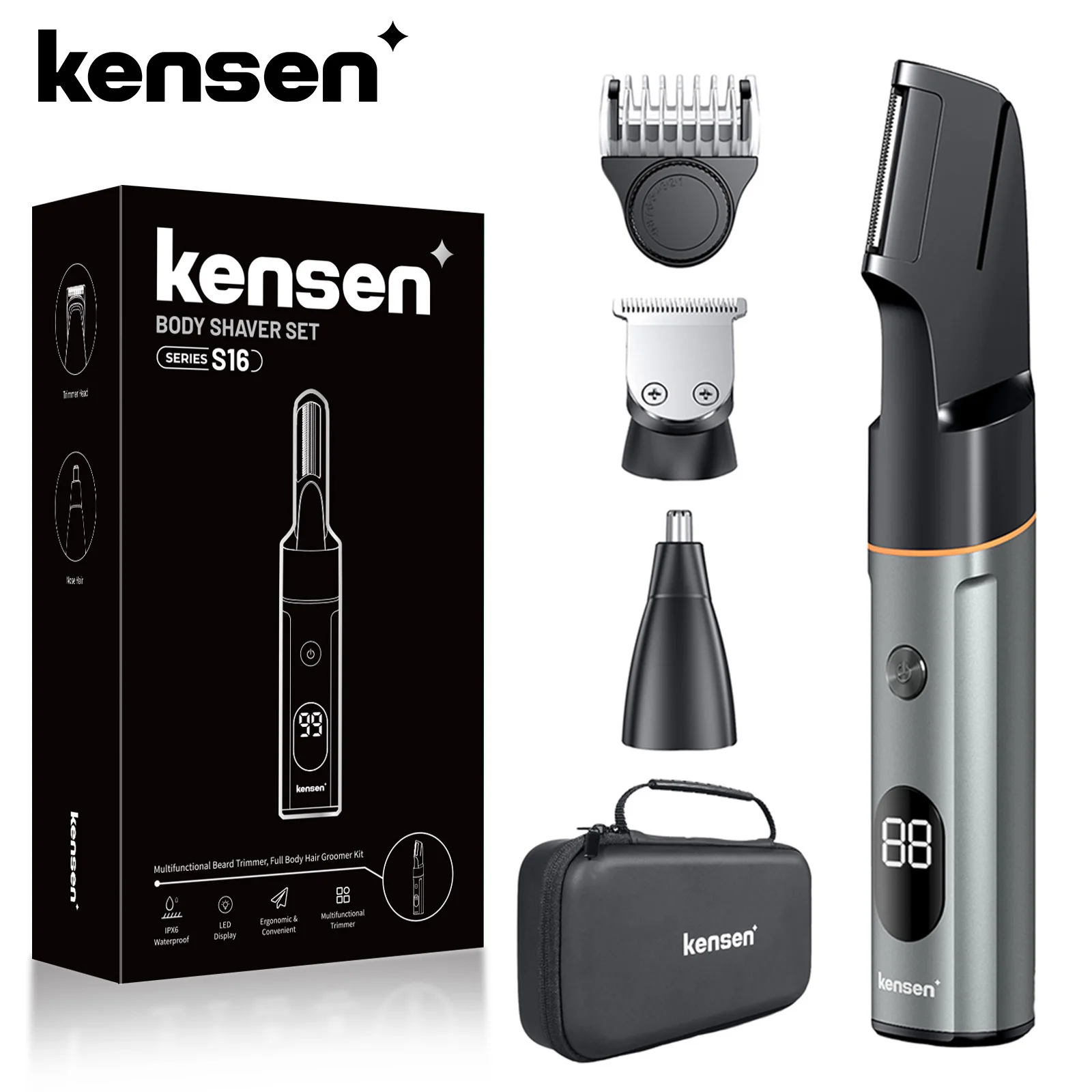Kensen S16 Körperhaar-Rasierer-Sets für Männer, 3-in-1-Barthaarschneider, IPX6, wasserdichte Haarschneidemaschine, elektrische Haarschneidemaschine, Friseur