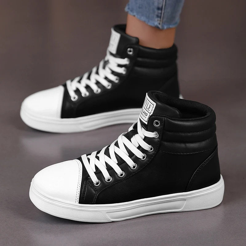 2024 New Design Men\'s Skateboard Sneakers Fashion High Top Shoes Men Platform Sneakers Comfortable PU Leather Men White Sneakers