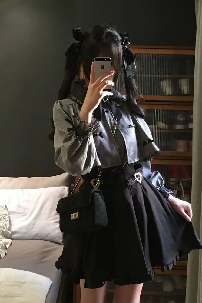 

Japanese Sweet Suit Bow Cloak + Long Sleeve Shirt + High Waist Double-layer Short Skirt Y2k Skirt Sets