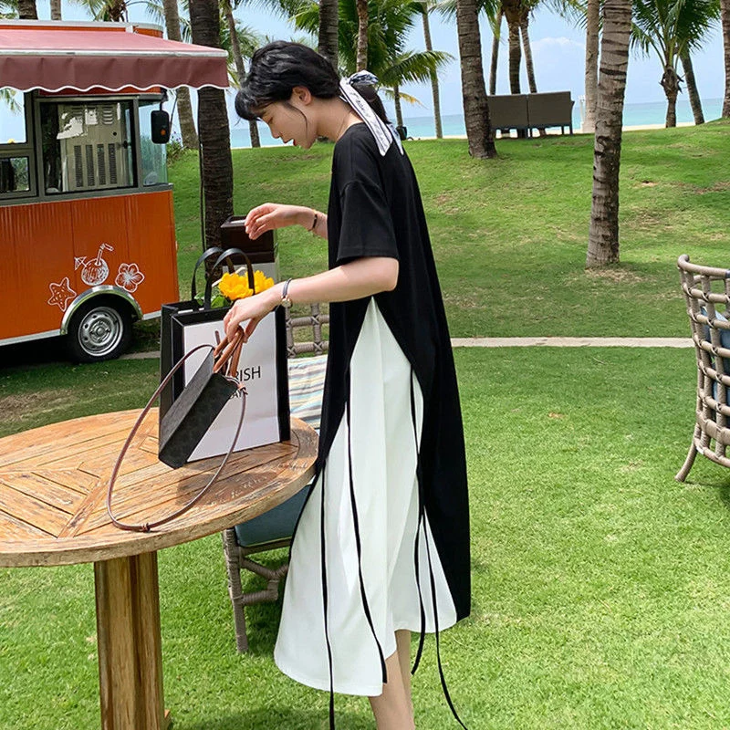 

Summer Spliced Black White Hit Color Short Sleeve O Neck Women Drawstring Dresses Fashion Gentle Casual Oversized Mid Calf Skirt