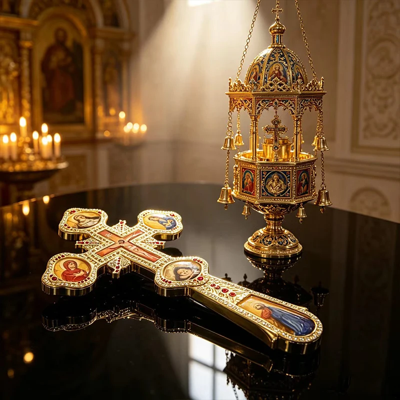 Orthodox Hand Blessing Cross Gold Icon Jesus Virgin Mary Saints Golgotha Red Pearl Church Liturgical Priest Christian Gift