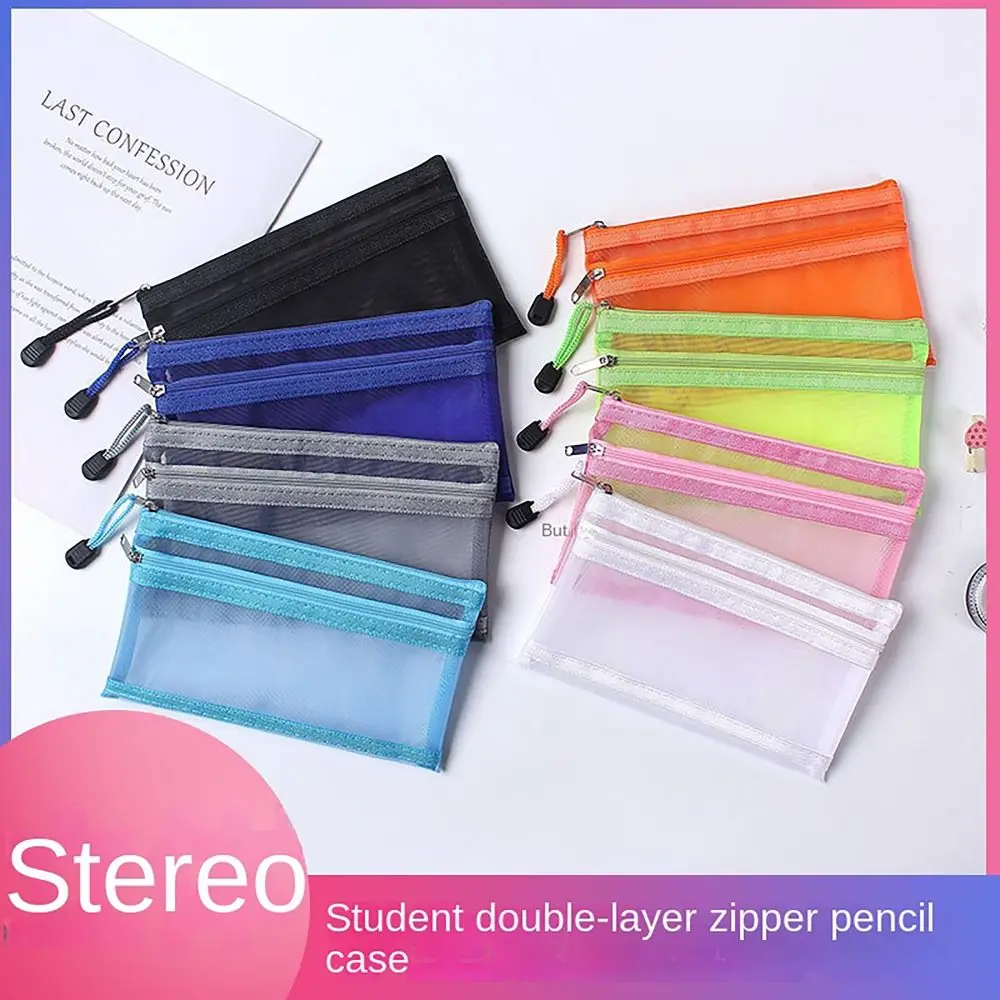 Tas Pensil Jala Dua Lapis 2024 Kapasitas Besar a6 Tas Jala Ritsleting Tas Pena Hadiah Pelajar