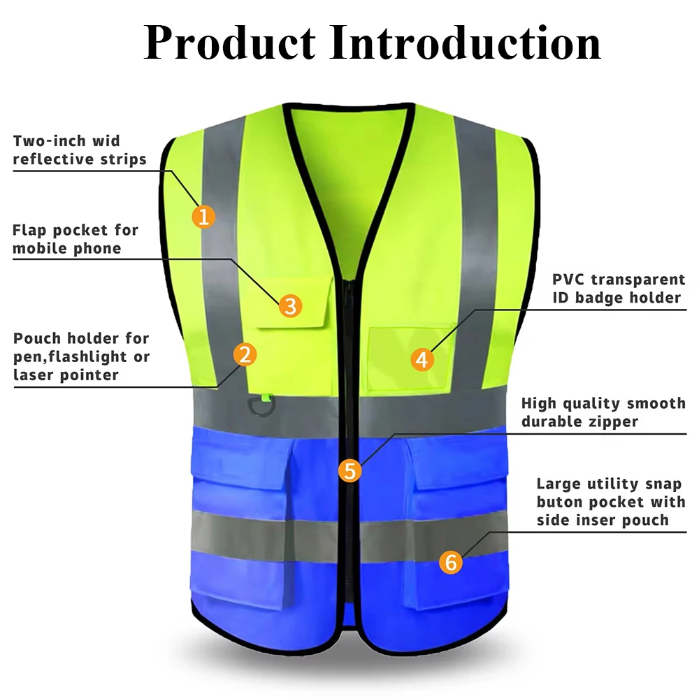 Custom LOGO Safety Vest with Pockets Zipper for Women Men ANSI Class 2 High Visibility Reflective Construction Work Vest