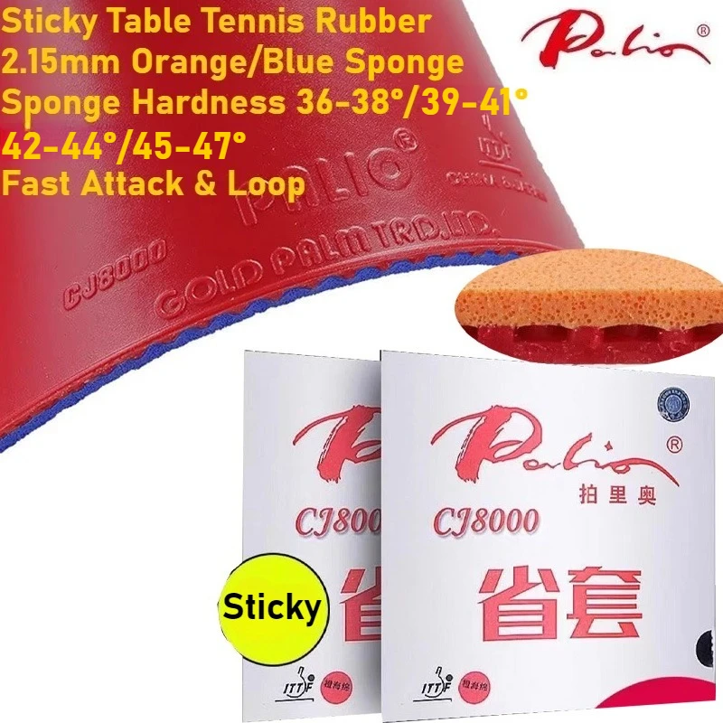 Palio CJ8000 Provincial Sticky Table Tennis Rubber with 2.15mm Orange/Blue Cake Sponge Ping Pong Rubber for Fast Attack&Loop