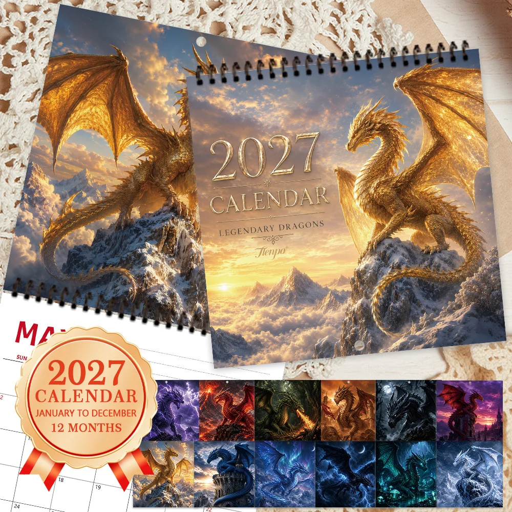 1pc 2027 Magic Dragon Art Wall Calendar,12‑Month Planner,Gift For Back‑to‑School,Christmas,New Year,Free Stickers Included