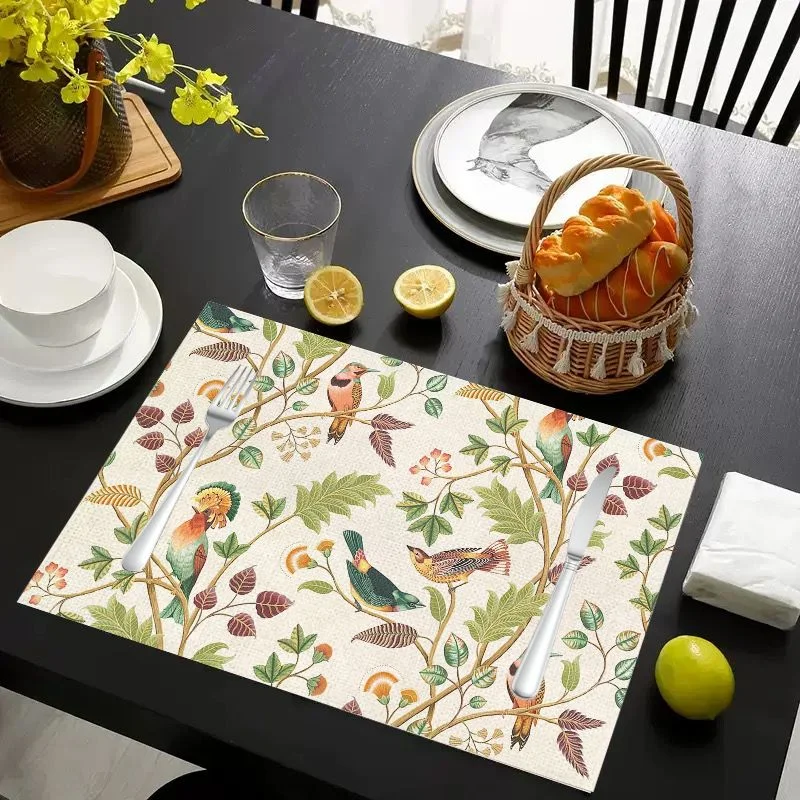 VIKAMA Placemat Birds Flowers Foliage Print, Waterproof Oil-Proof Heat-Resistant Non-Slip Woven Dining Table Mat
