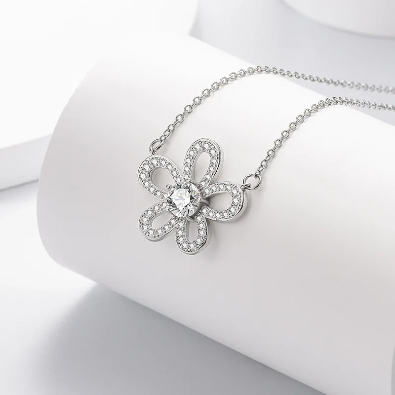 Luxury Hollow Flower Cubic Zirconia Jewelry Set for Women, 925 Silver Necklace Earrings Ring Set, Wedding Party Jewelry Gift