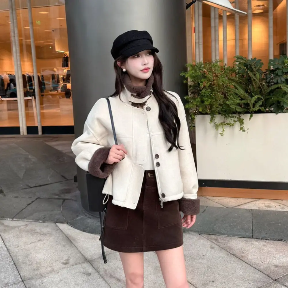 Women Vintage Faux Fur Jacket Winter Korean Style Dropped Shoulder Thickened Warm Coat Casual Short Button Outwear