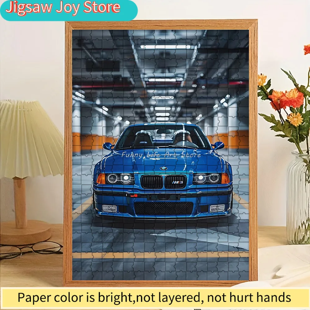 

Paper Jigsaw Puzzle Iconic Blue BMW M3 Sports Car with Parking Garage Scene Art Print Wall Decor Legendary German Performance Ca
