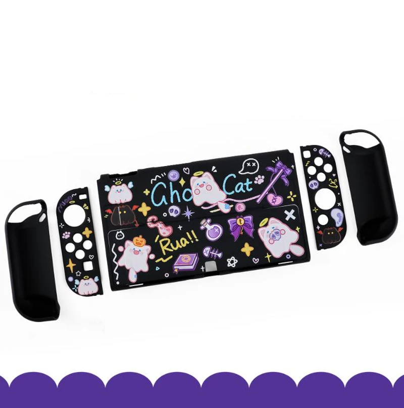 Cute Ghost Cat Hard TV Dock Cover Stand Charger Crystal Shell for Nintendo Switch Oled NS Joy-Con Controller TPU Protector Case