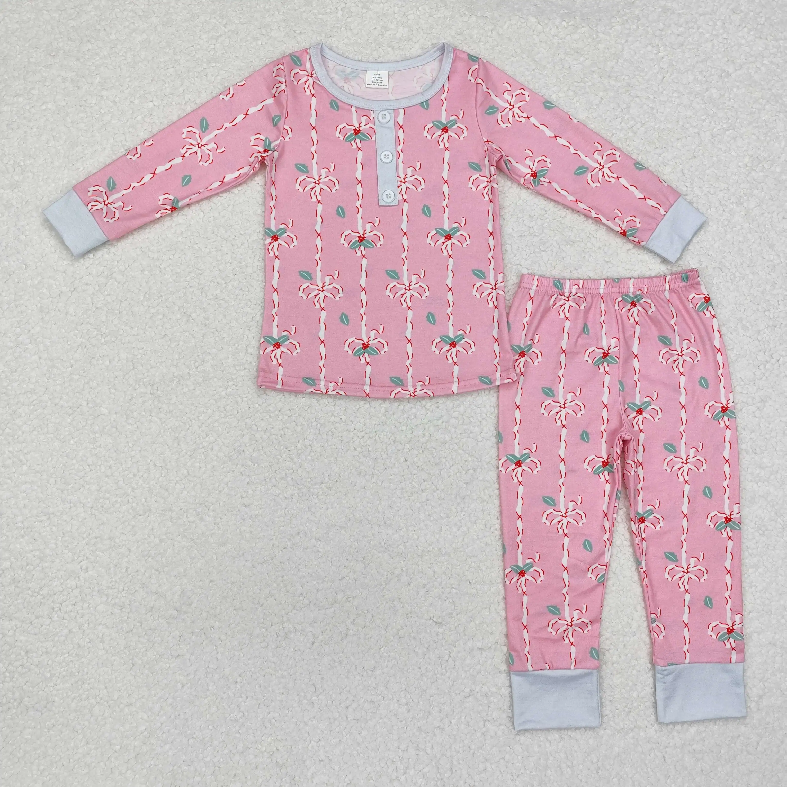 Wholesale Children Christmas Pink Set Toddler Kids Long Sleeves Bow Candy Shirt Baby Girl Pants Sleepwear Pajamas Outfit