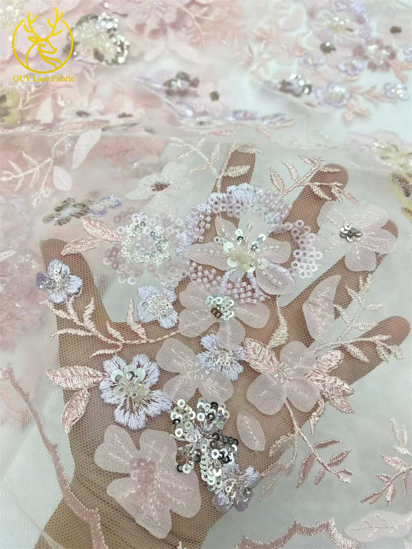 Eleganter Spitzenstoff mit Blumenstickerei und Pailletten, französischer Tüll mit Perlen, afrikanischer Spitzenstoff, nigerianische Spitze für Party- und Ballkleider – Detail 7