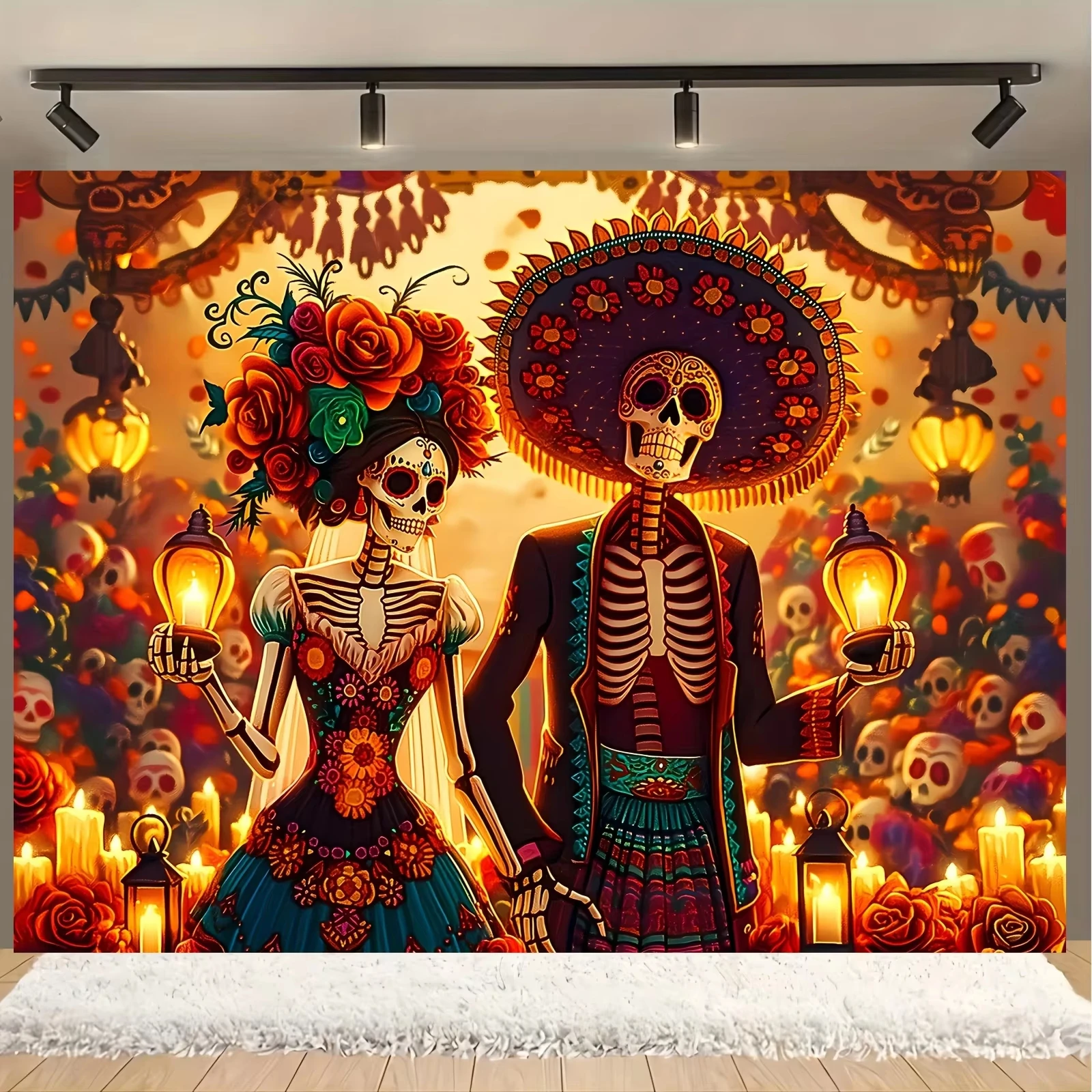 Vibrant Day of the Dead Fiesta Tapestry - Sugar Skull Floral Design Colorful Polyester Backdrop Banner Room Home Decor