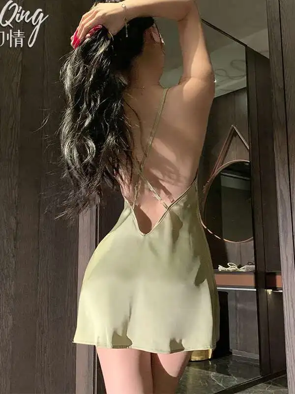 Private Temptation High-Endชุดนอนฤดูร้อนบางเลียนแบบผ้าไหมเซ็กซี่ลูกไม้NightdressชุดElegant Tank Mini Dress 1JXV