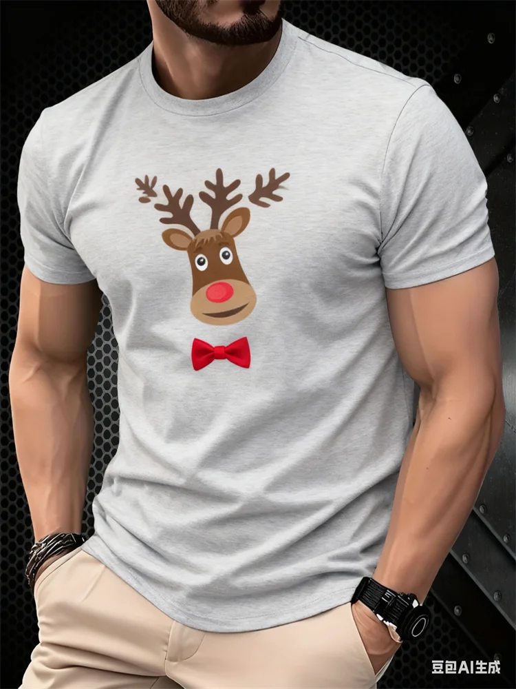 Cartoon Christmas Elk Print Men's T Shirt Fashion New Year X'mas Clothing Casual O-neck Short Sleeve Loose Tops Street Pullover