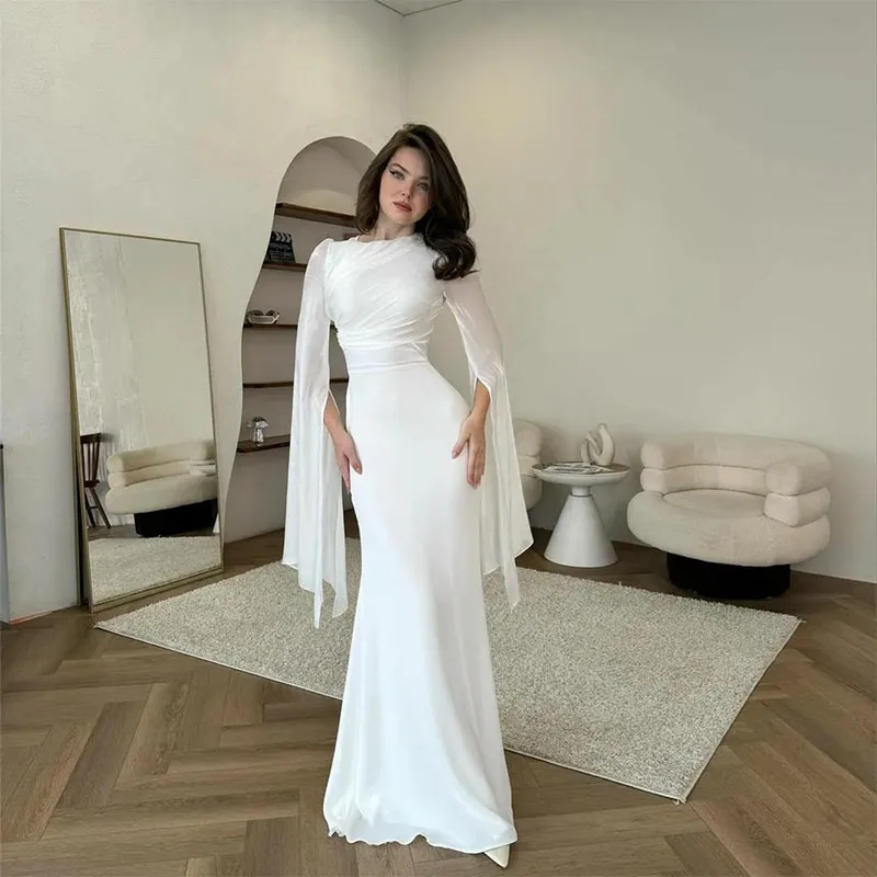 

Elegant Long Chiffon Pleated Evening Dresses With Sleeve Sheath Ivory Middle East Floor Length Prom Party Dress for Women