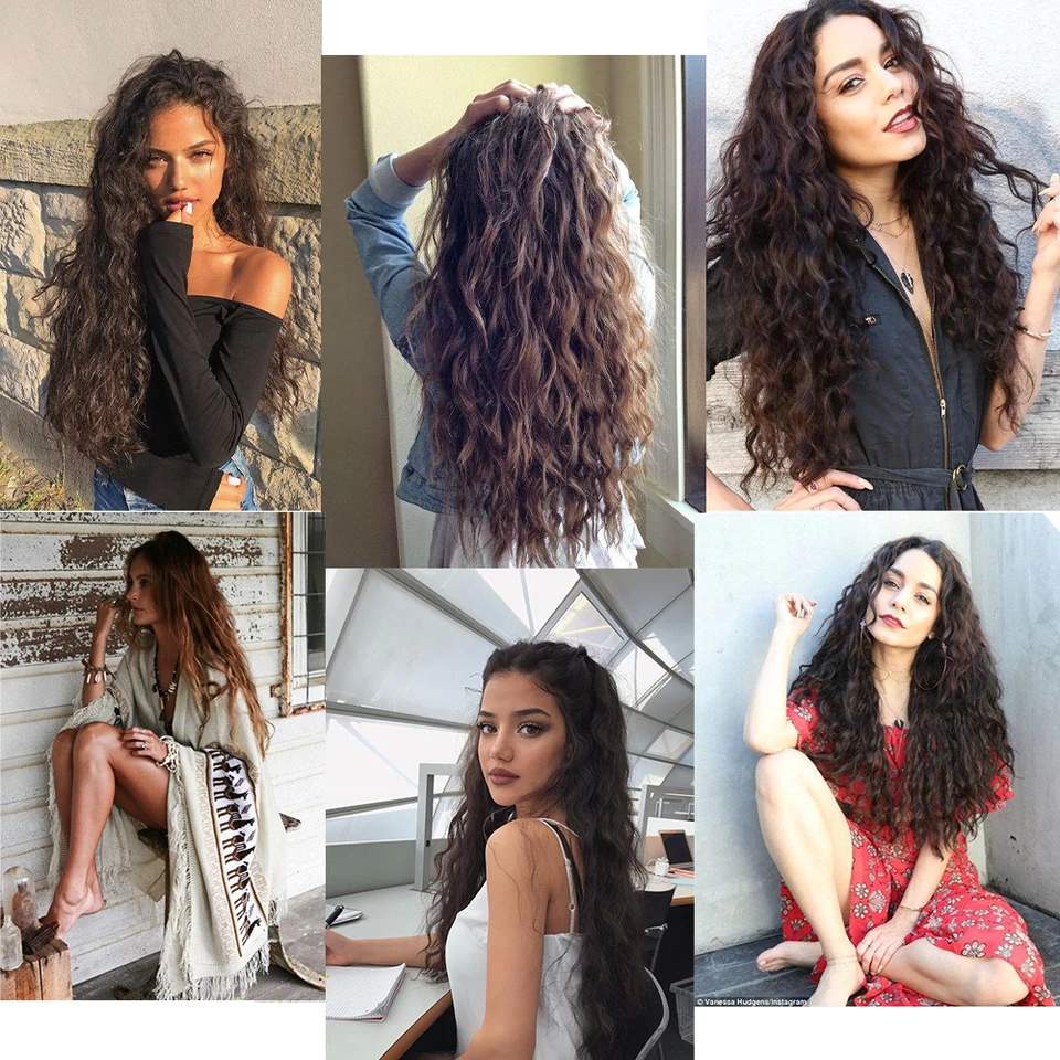 Extensiones de cabello sintético con clip, rizos largos, color marrón oscuro y negro, 80 cm, resistentes al calor 5
