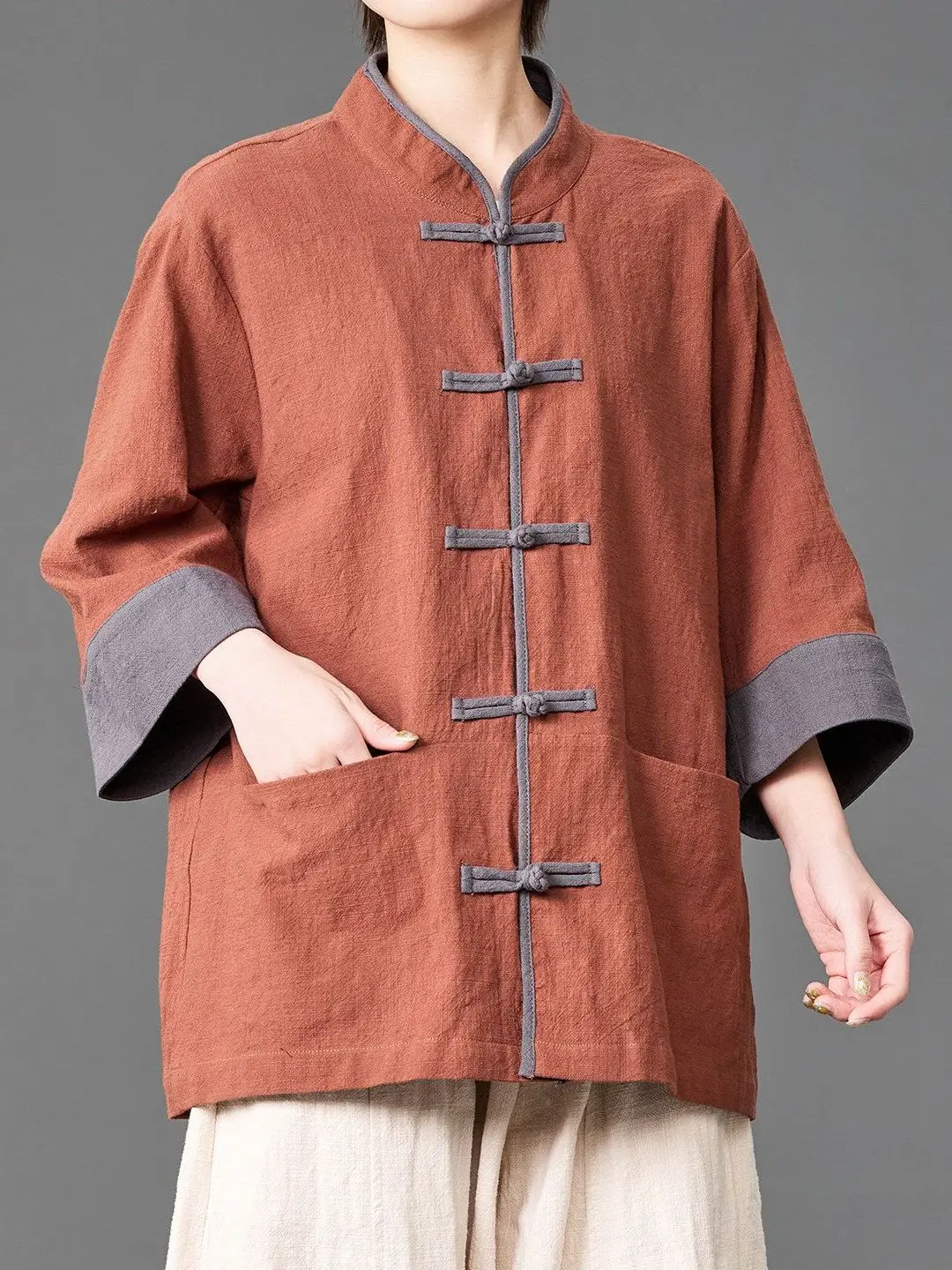 メンズコットンリネンシャツ-七分袖ボタンアップ伝統的な中国の漢服唐服朝の運動太極拳服
