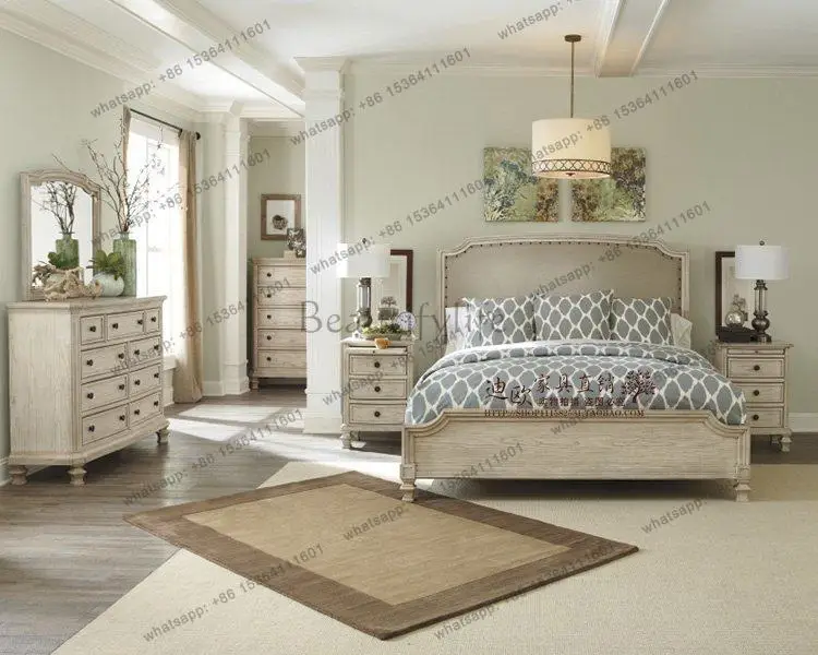 American country solid wood white distressed double bed French vintage oak fabric riveted upholstered bed