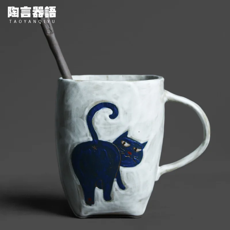 Hand-painted cat pattern square coffee cup with ceramic spoon Personal home office drinking mug Portable cup