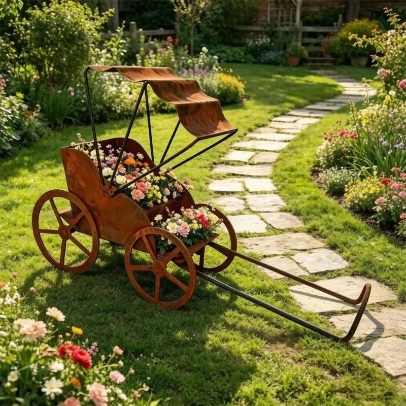 Metal Flower Pot Cart With Aged Finish, Small Foliage Holder for Tabletop Windowsill Porch Table and Entry Shelf Flower Use 37JD