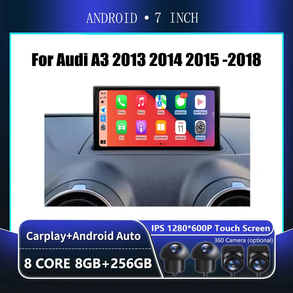 7 Inch Android OS Touch Screen  For Audi A3 2013 2014 2015 -2018 Car Carplay Monitor Stereo Speakers Radio Multimedia Player