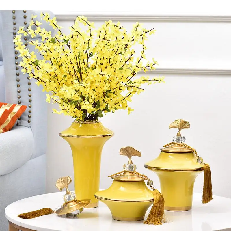 Yellow Gold-plated Ceramic Vase Ginkgo Biloba Copper Cover Flower Arrangement Desktop Decoration Vases Modern Floral Home Decor